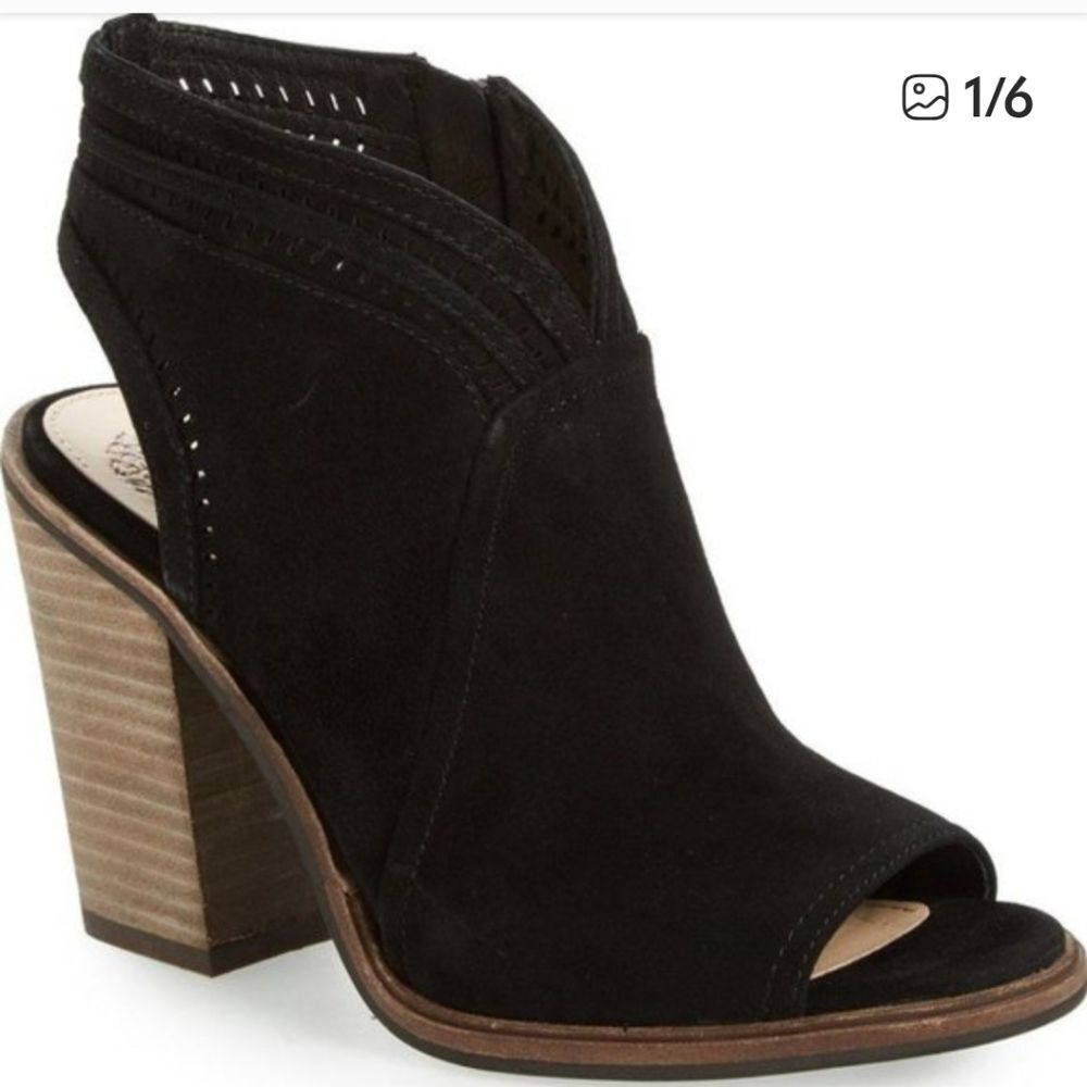 Vince Camuto Koral Black Heeled Peep Toe Black Suede  Bootie Leather Boho 8.5